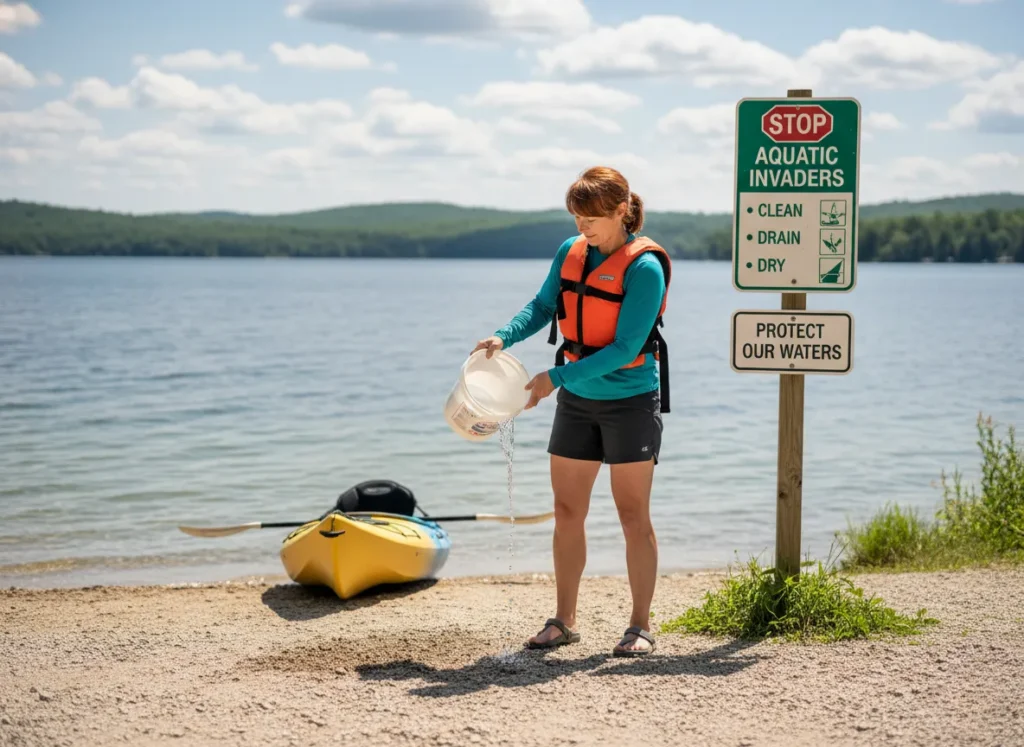 A responsible female angler properly disposes of her bait bucket water on the gravel of a boat launch, away from the water.