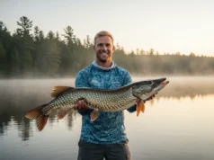 The Science of Catching Musky: Weather, Lures & Location A male angler in his early 30s smiling as he holds a large musky fish above the water in a boat on a misty lake at sunrise.