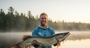 The Science of Catching Musky: Weather, Lures & Location A male angler in his early 30s smiling as he holds a large musky fish above the water in a boat on a misty lake at sunrise.