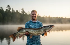 The Science of Catching Musky: Weather, Lures & Location A male angler in his early 30s smiling as he holds a large musky fish above the water in a boat on a misty lake at sunrise.