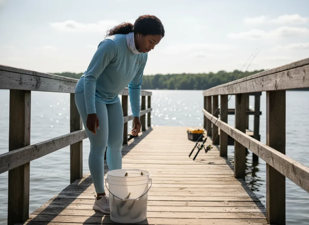 An athletic woman on a fishing pier looks with concern into a bait bucket, illustrating the challenge of keeping bait alive.