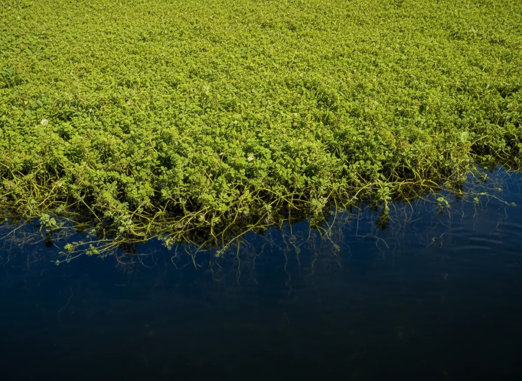 A close-up view of a dense mat of aquatic vegetation on a lake, showing the sharp contrast between the sunlit top and the dark, shaded water beneath it.