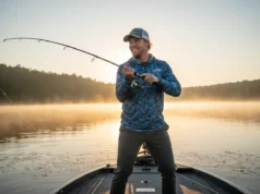 The Shad Spawn Playbook: A Strategic Fishing Guide A male angler in his early 30s casting a fishing line from a boat on a misty lake at sunrise during the shad spawn.