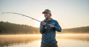 The Shad Spawn Playbook: A Strategic Fishing Guide A male angler in his early 30s casting a fishing line from a boat on a misty lake at sunrise during the shad spawn.