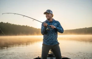 The Shad Spawn Playbook: A Strategic Fishing Guide A male angler in his early 30s casting a fishing line from a boat on a misty lake at sunrise during the shad spawn.