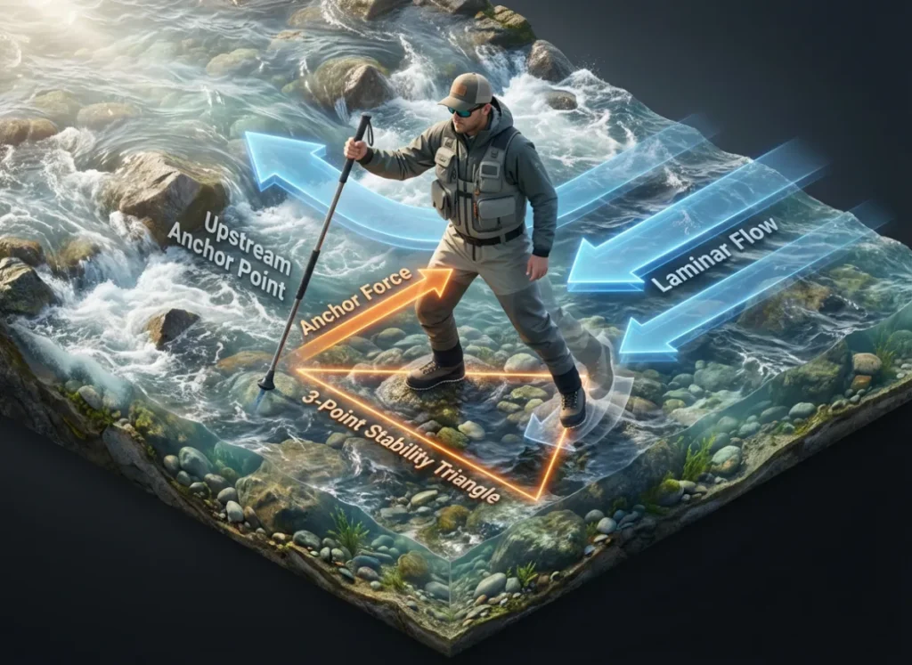 A high-fidelity 3D isometric diagram illustrating the "Tripod Principle" for river wading. It shows a fisherman planting a staff upstream, forming a triangle of stability with their feet, with graphical overlays indicating water current direction and force vectors.