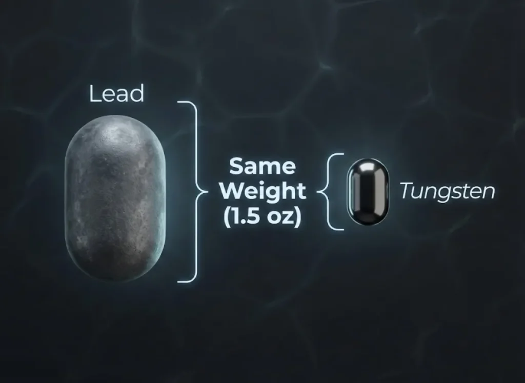 A realistic 3D comparison showing a large, bulky 1.5 oz lead fishing weight next to a sleek, compact 1.5 oz tungsten fishing weight, illustrating the significant volume reduction and density advantage of tungsten.