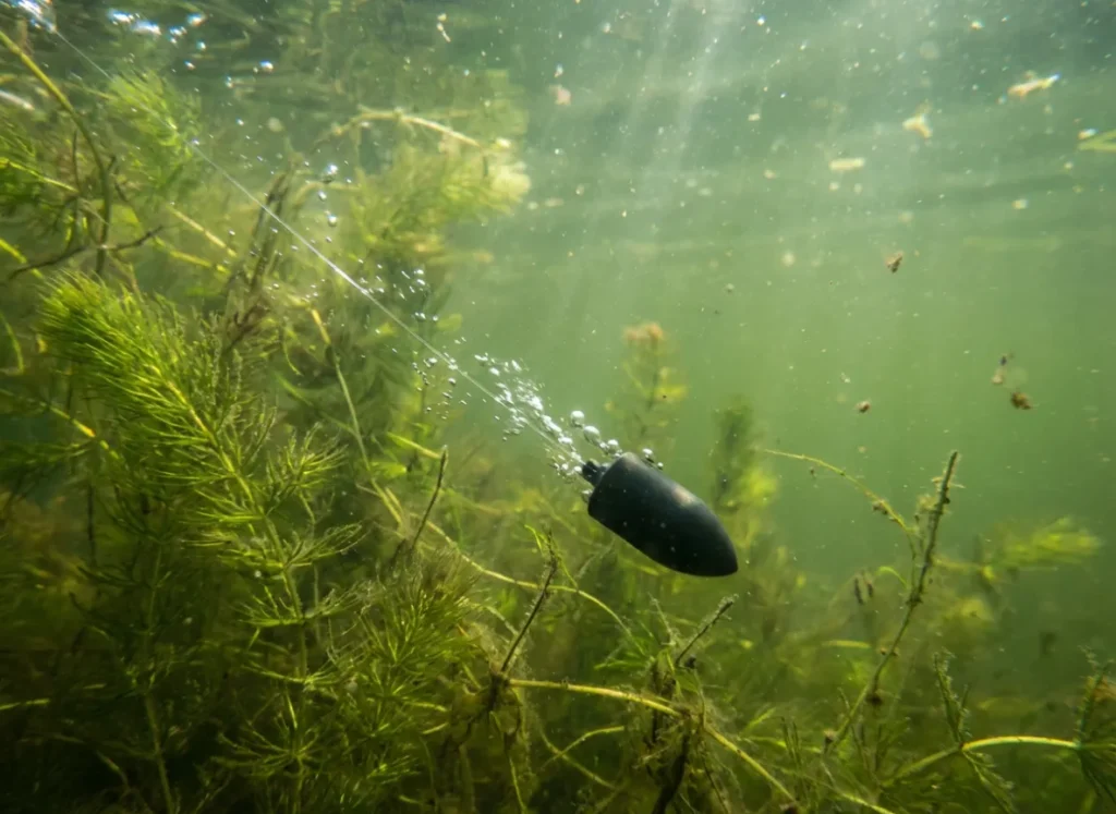 Underwater view of a fishing weight sinking through weeds.