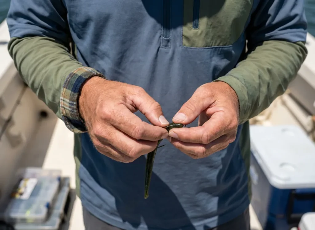Angler's hands rigging a soft plastic bait onto a hook.