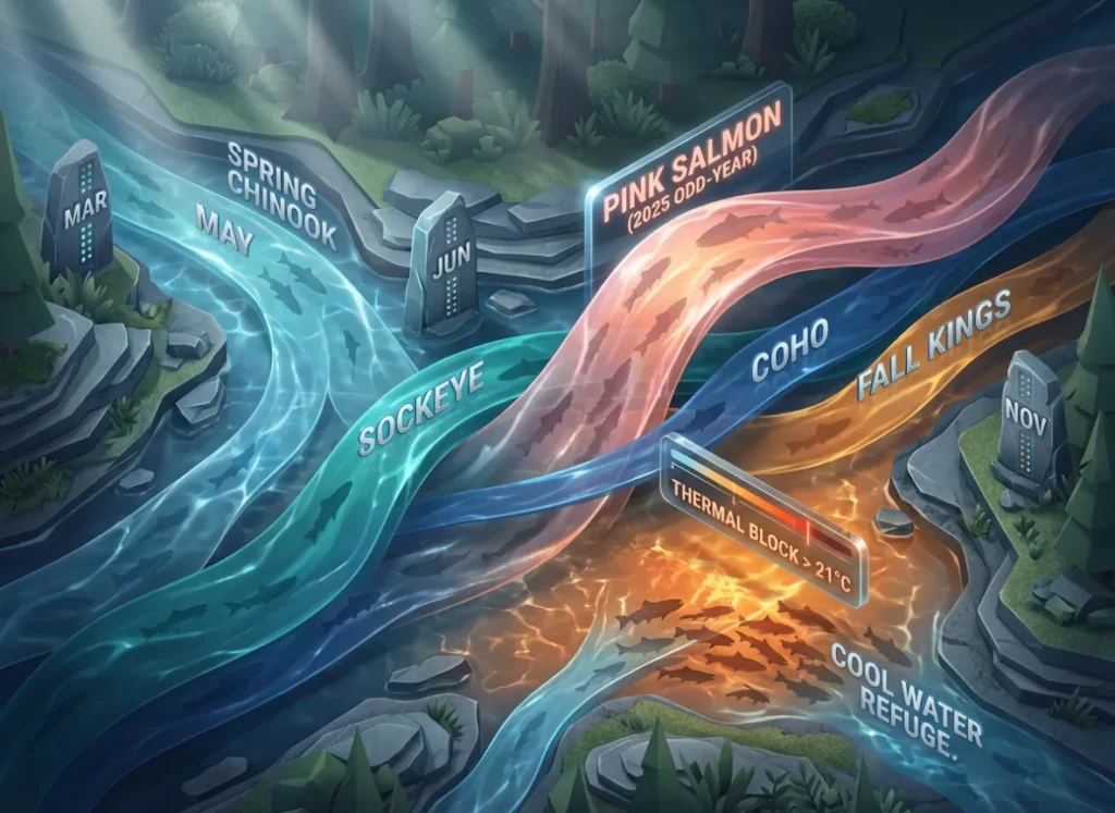A premium 3D isometric infographic titled 'The Universal Salmon Calendar' visualized as a stylized river timeline. It displays peak run times for Chinook, Coho, Sockeye, and Pink salmon from March to November, with a visual gradient indicating the 'Thermal Block' temperature threshold.