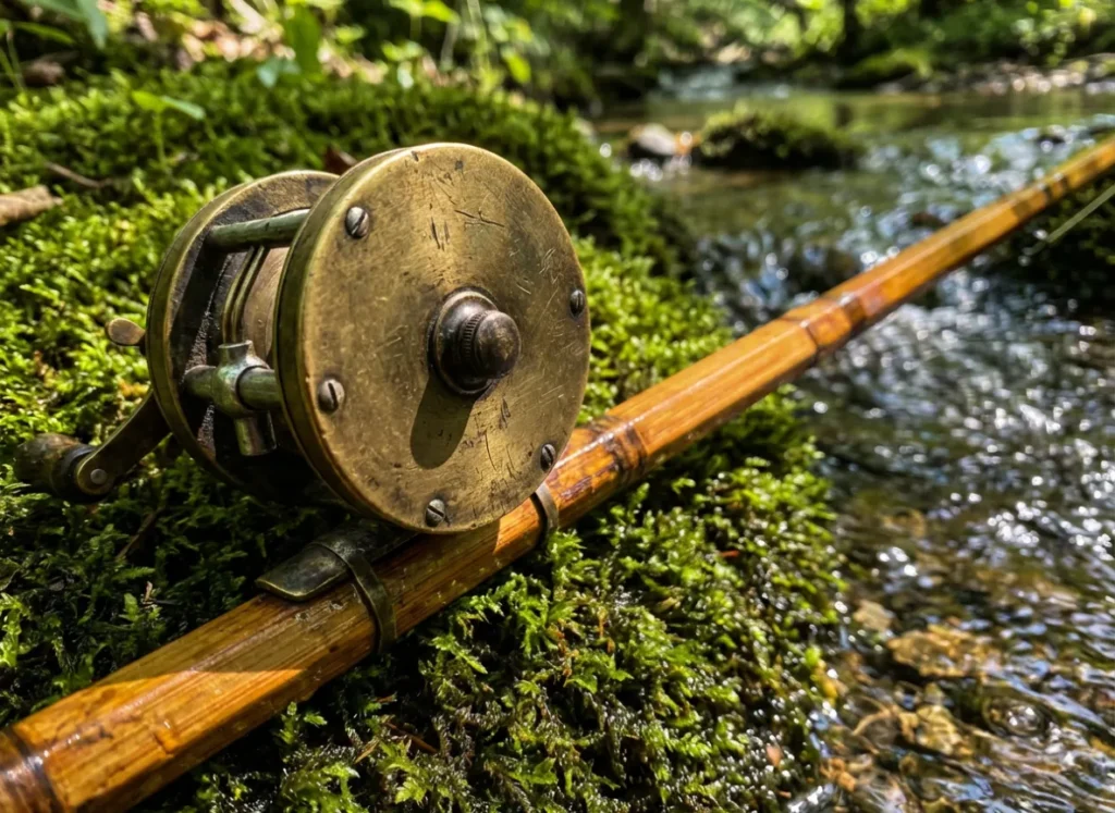 An antique brass fishing reel on a split cane bamboo rod resting on moss.