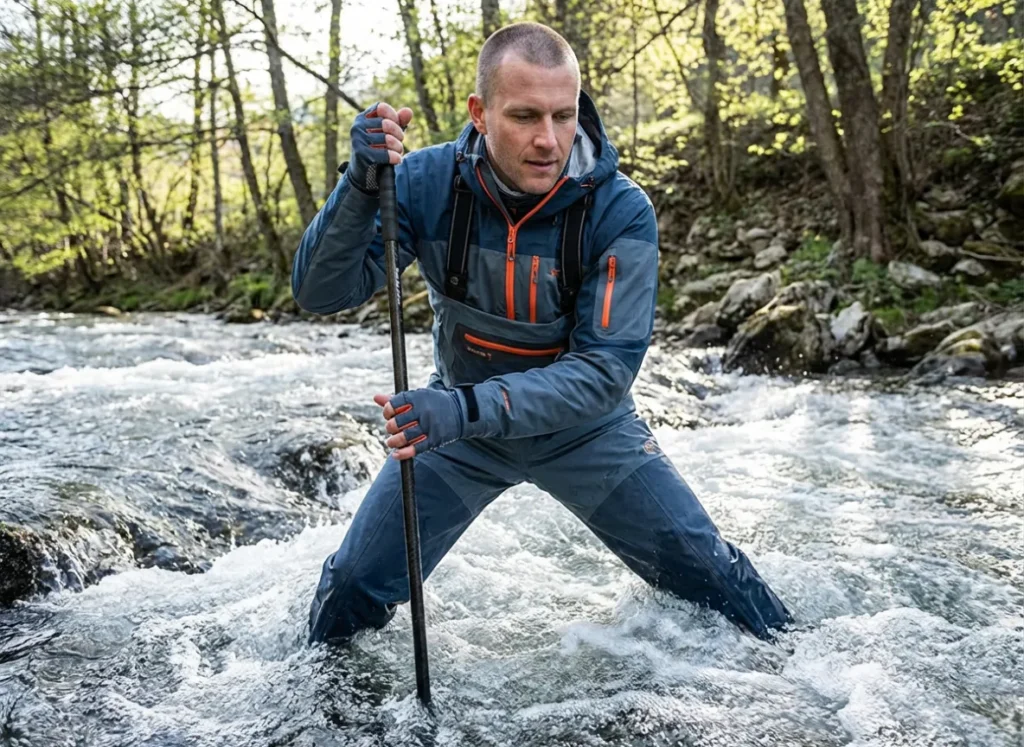An angler wading in a fast-moving river using a wading staff to maintain a stable three-point stance against the current.