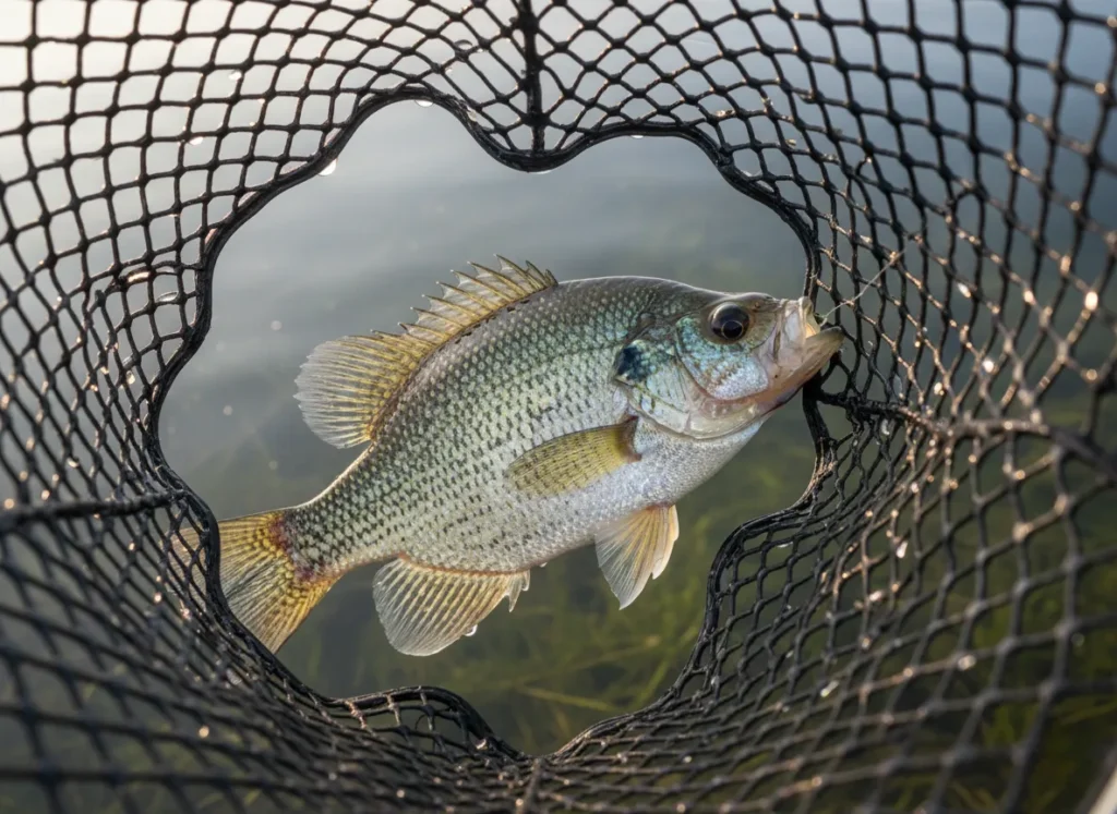 A close-up of a large Black Crappie with detailed scales and speckles, held in a fishing net just above the water.