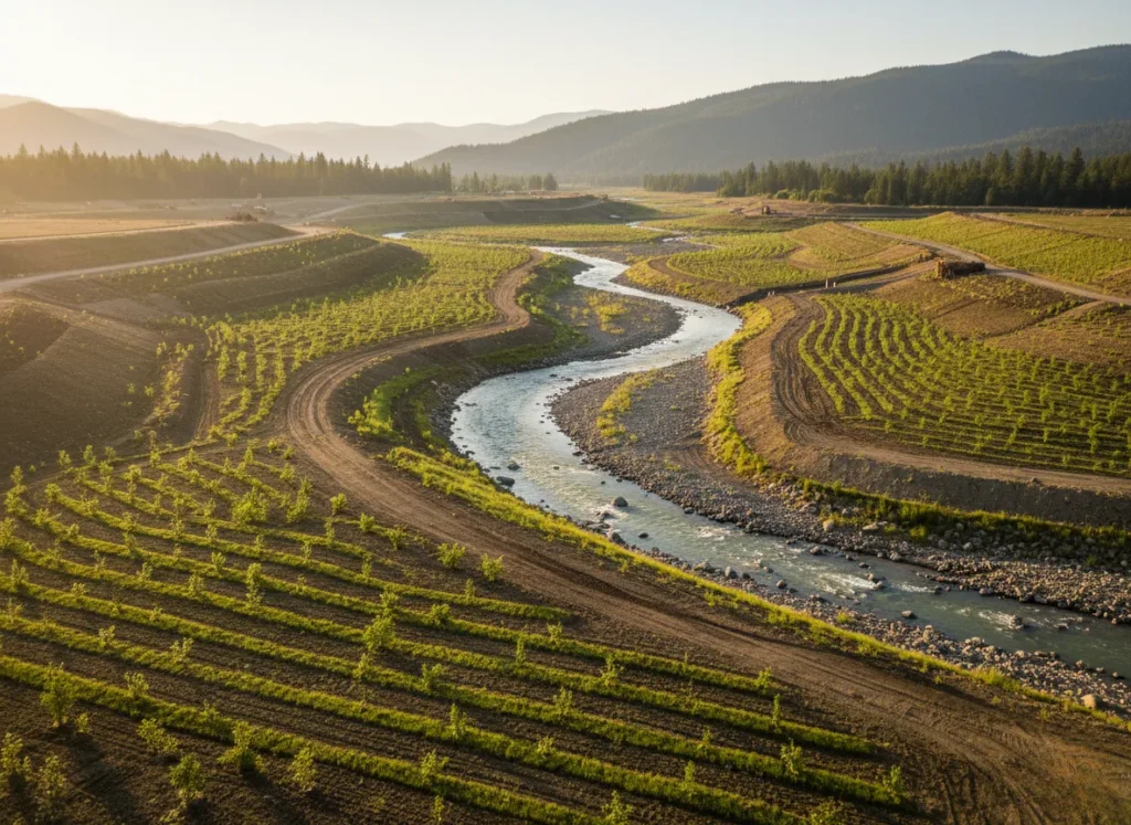 A wide landscape view of a river flowing freely through a valley after a major dam removal project.