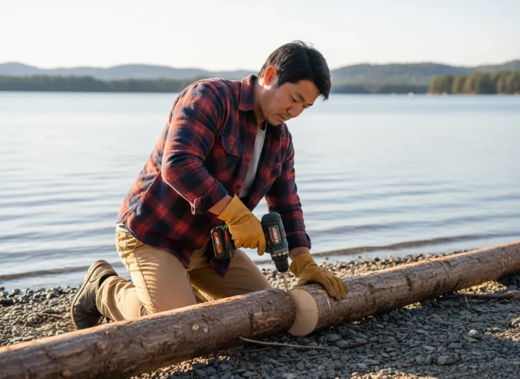 A man in a flannel shirt builds a large woody debris structure on the shore of a lake to improve fish habitat.