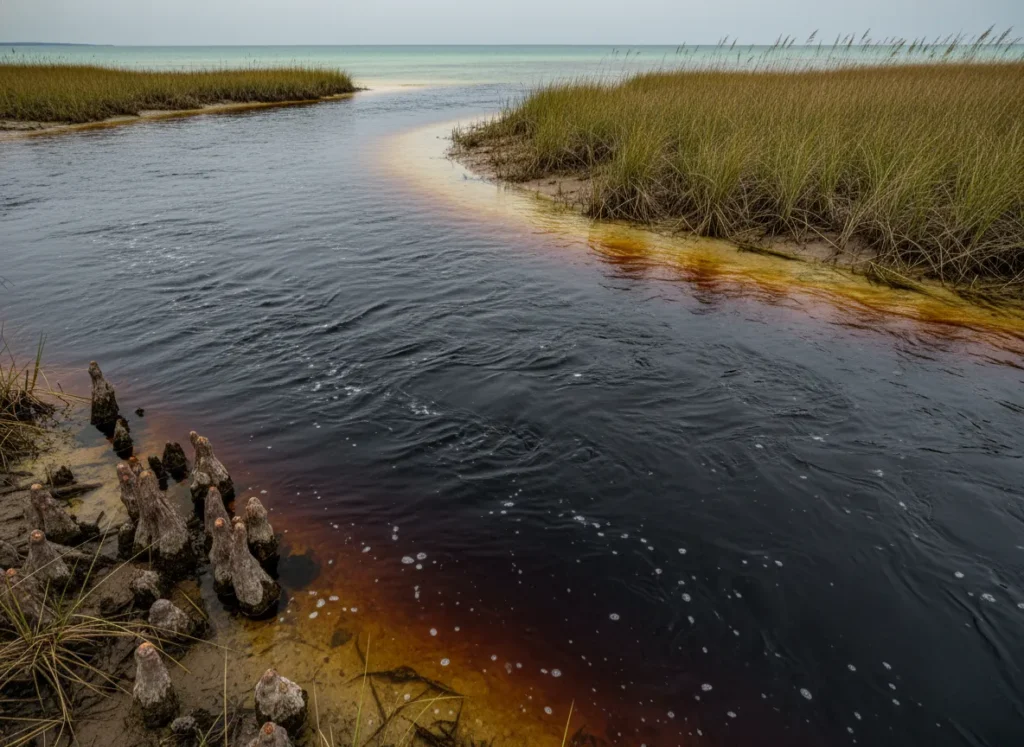 A scenic view of a freshwater river with cypress trees flowing into a saltwater bay with marsh grass, showing the meeting point of brackish water.
