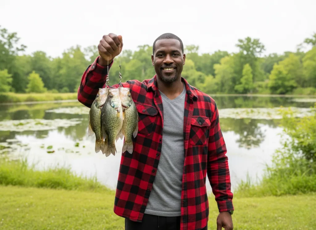 A proud male angler in a flannel shirt holds up a stringer with a legal limit of crappie, standing by a healthy pond.
