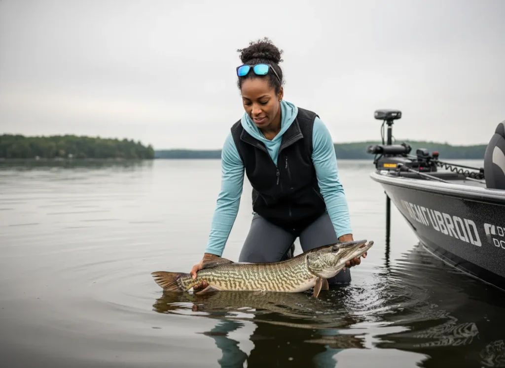 A female angler carefully revives a large musky in the water beside her boat before releasing it.