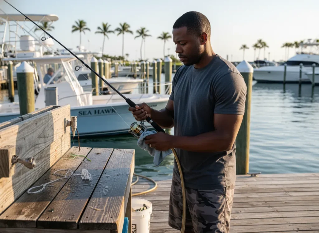 A male angler carefully rinses his saltwater fishing reel with a gentle mist of fresh water at a dockside cleaning station.
