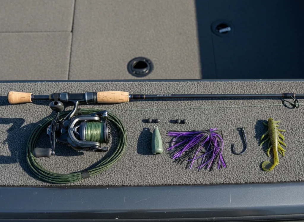 A complete punching rig for bass fishing, including the rod, reel, tungsten weight, and hook, laid out neatly on the deck of a boat.