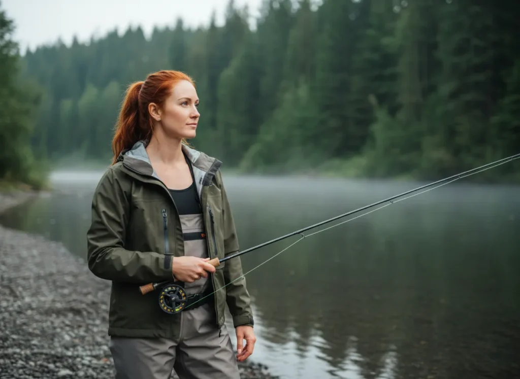 A woman in fishing gear stands thoughtfully by a river, observing the water and reflecting on her role as a conservationist.