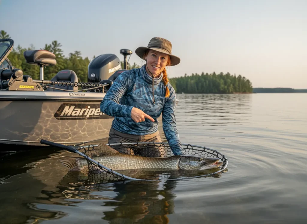 A female angler in the water carefully holds a musky in a net and points to its gill cover to identify it.