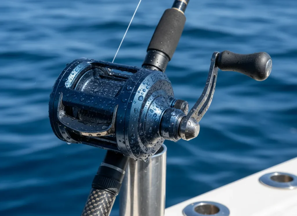 A macro shot of water beading up on a sealed saltwater fishing reel, demonstrating its waterproof construction.