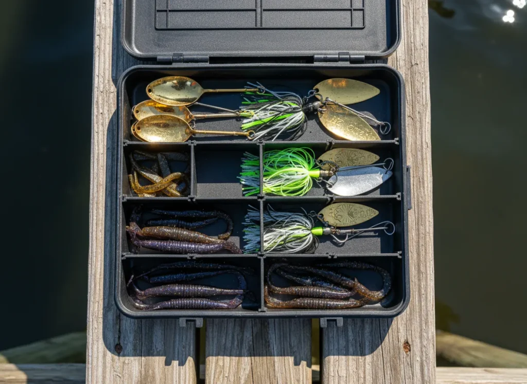 A top-down view of an open tackle box on a dock, filled with gold spoons, spinnerbaits, and soft plastic lures for brackish water fishing.