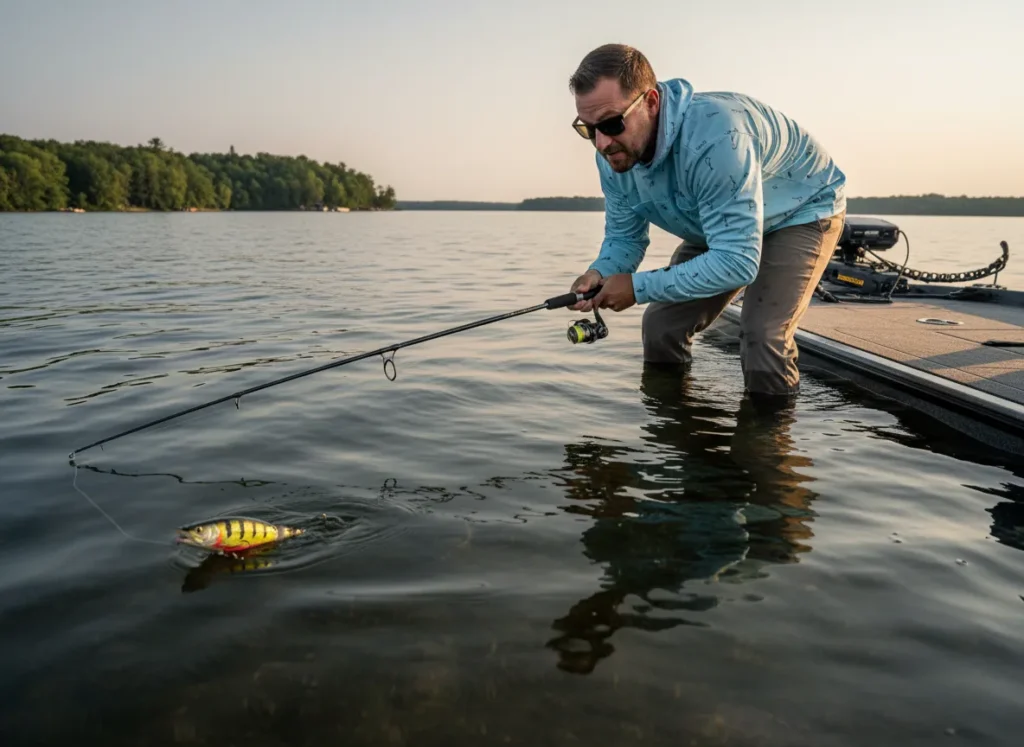 A male angler casts his line from a boat towards a rocky point on a lake during the golden hour.