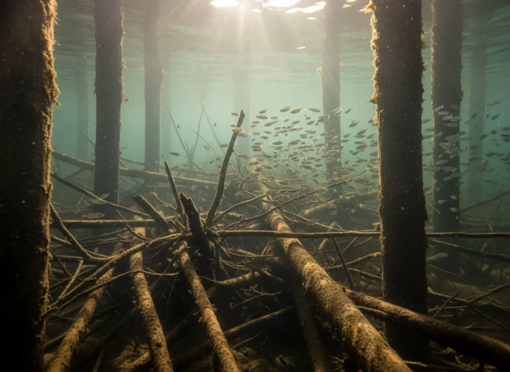 An underwater view of ideal crappie habitat, showing a submerged brush pile and dock pilings with small minnows swimming nearby.