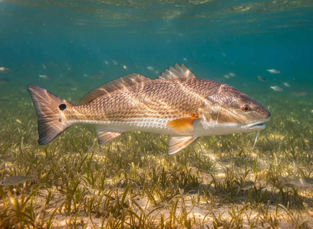 An underwater shot of a beautiful Red Drum with its distinct tail spot swimming over a seagrass bed in a brackish estuary.