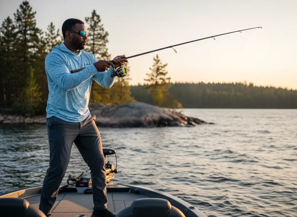 An underwater view of a large musky camouflaged and hiding at the edge of a thick aquatic weed bed.
