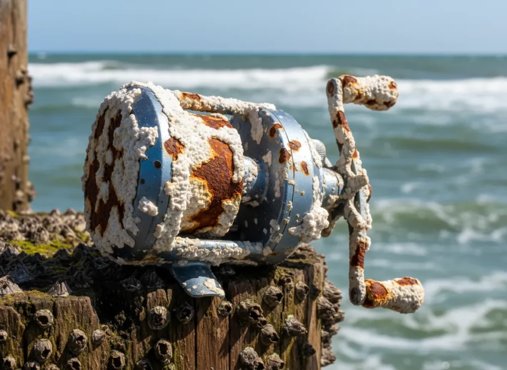 A close-up of a fishing reel completely ruined by rust and salt corrosion, sitting on a wooden pier post with the ocean behind it.