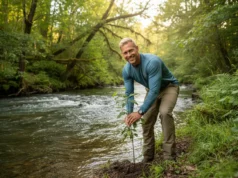 Your Role in Angler Habitat Restoration: A Grassroots Guide A man in his 30s wearing a performance fishing shirt smiles as he plants a small tree on the bank of a healthy river.