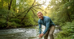 Your Role in Angler Habitat Restoration: A Grassroots Guide A man in his 30s wearing a performance fishing shirt smiles as he plants a small tree on the bank of a healthy river.