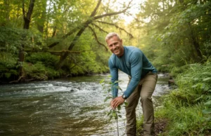 Your Role in Angler Habitat Restoration: A Grassroots Guide A man in his 30s wearing a performance fishing shirt smiles as he plants a small tree on the bank of a healthy river.