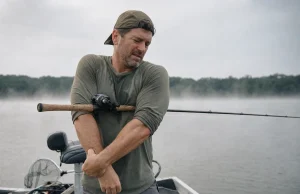 Angler’s Elbow Flaring Up? Check Your Rod Grip First Angler shaking out his casting forearm on a boat deck, rod tucked under his arm on an overcast morning