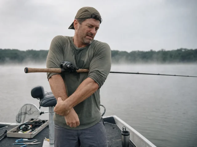 0-anglers-elbow-forearm-between-casts Angler shaking out his casting forearm on a boat deck, rod tucked under his arm on an overcast morning
