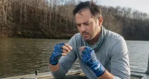 Best Fishing Gloves for Sun and Cold Water Days Angler in fingerless UPF fishing gloves retying a leader knot in low morning light on a boat
