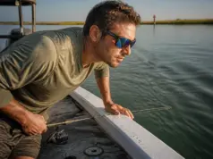 Polarized Sunglasses Physics Why Your Axis Slips Angler in polarized sunglasses leaning over the gunwale to spot fish through water glare