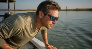 Polarized Sunglasses Physics Why Your Axis Slips Angler in polarized sunglasses leaning over the gunwale to spot fish through water glare