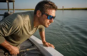 Polarized Sunglasses Physics Why Your Axis Slips Angler in polarized sunglasses leaning over the gunwale to spot fish through water glare