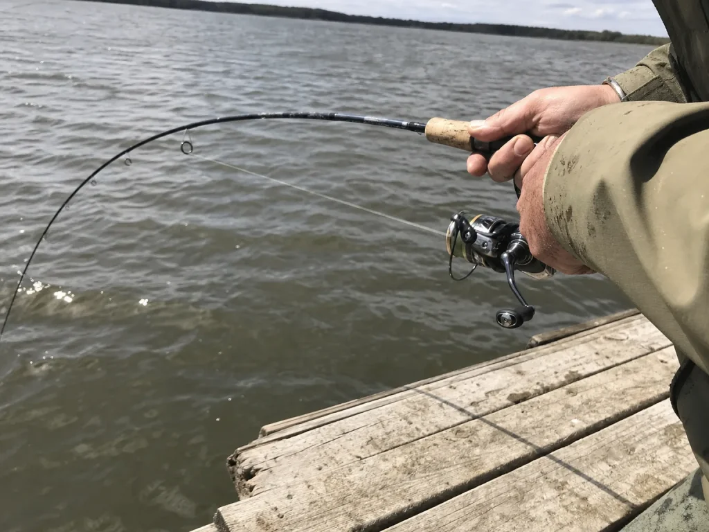 A fishing rod bent under load in an angler's hands showing how the blank flexes