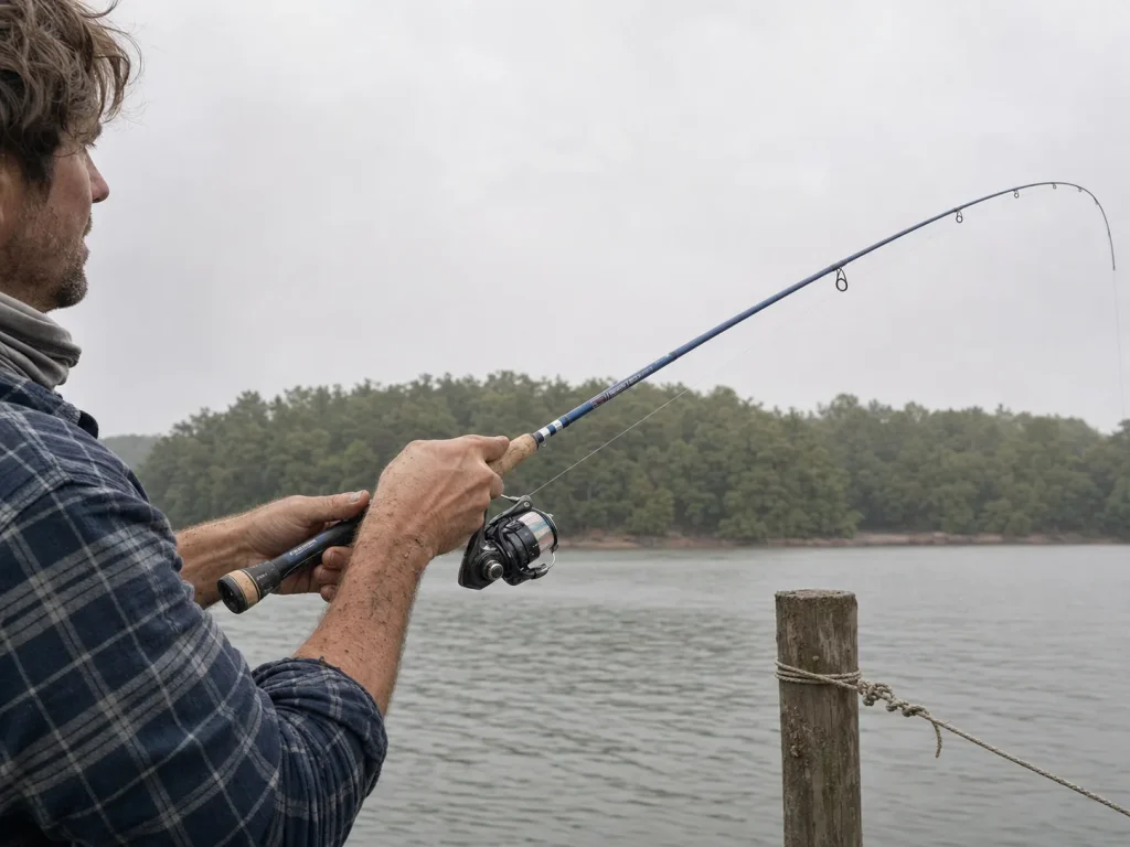 Angler flexing a high-modulus graphite spinning rod tip against grey overcast sky to show the bend