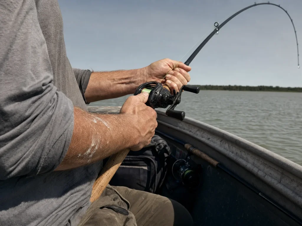An angler's hands gripping a bent rod at the hookset, the loading cycle behind angler's elbow
