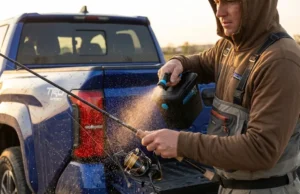 The 3-Phase Protocol for Washing Fishing Gear Post Trip Angler rinsing a Shimano Stella reel and G. Loomis rod with a RinseKit on the back of a Toyota Tacoma wearing Patagonia gear.