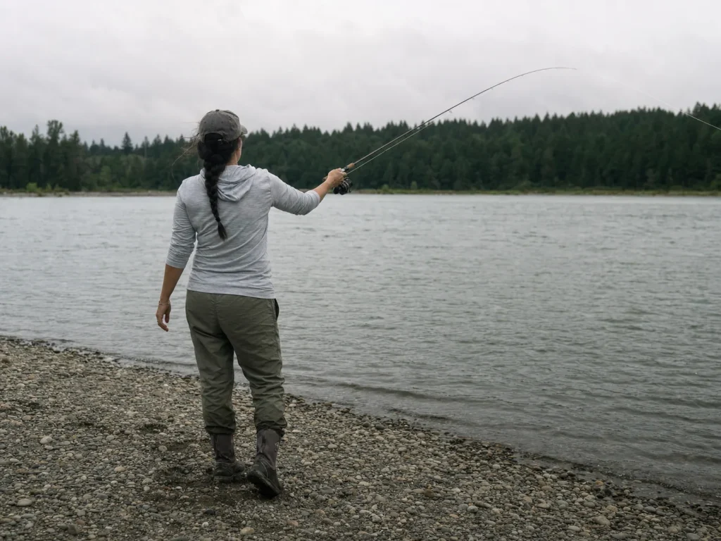 Angler mid-cast from behind with a relaxed wrist, the casting mechanics that reduce forearm strain