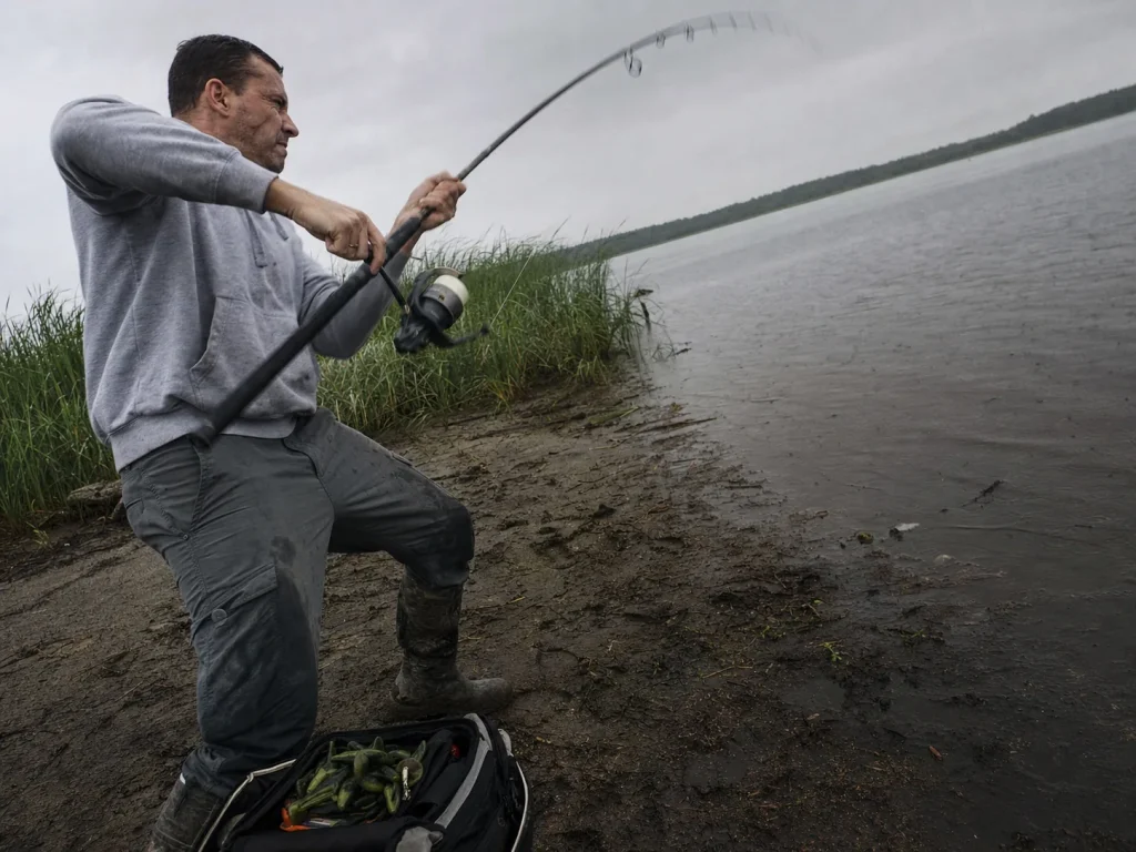 Angler mid-hookset sweeping a fishing rod upward on a grey lake bank, rod loaded and line taut