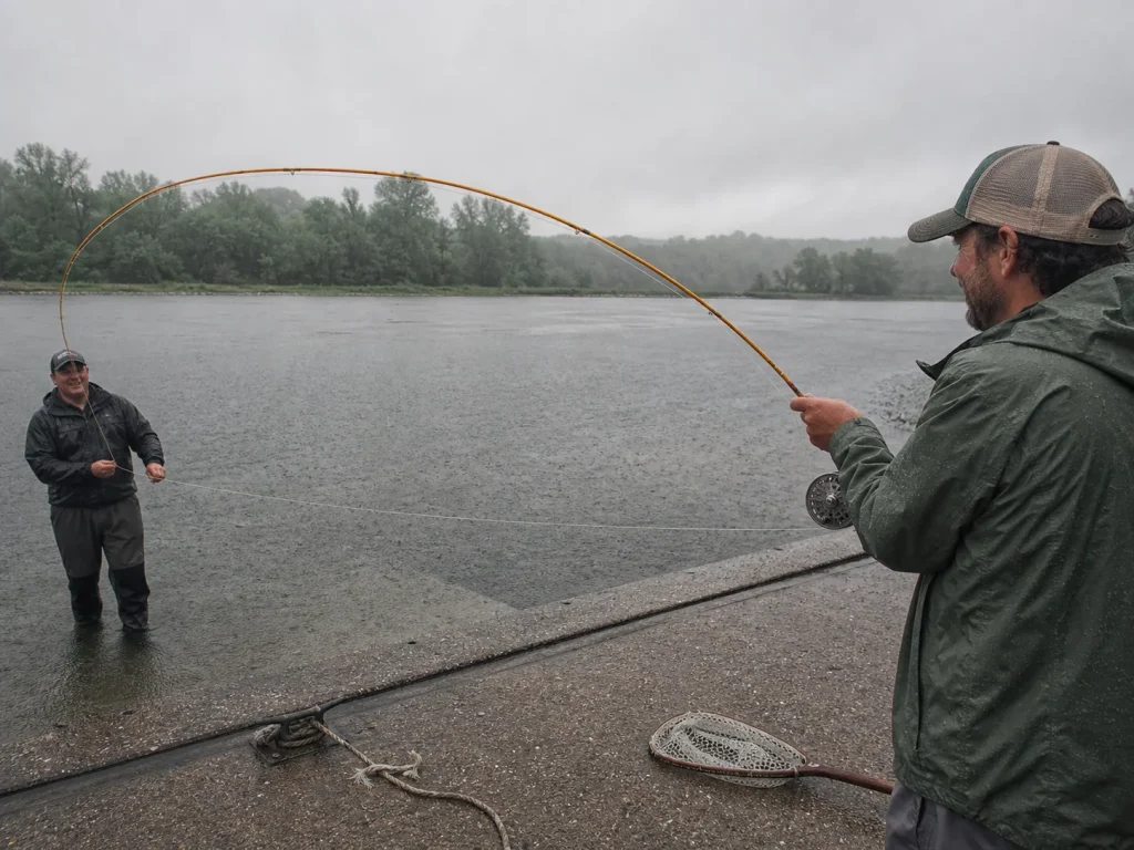 Fiberglass fishing rod bent in a deep parabolic curve under load against a grey overcast lake