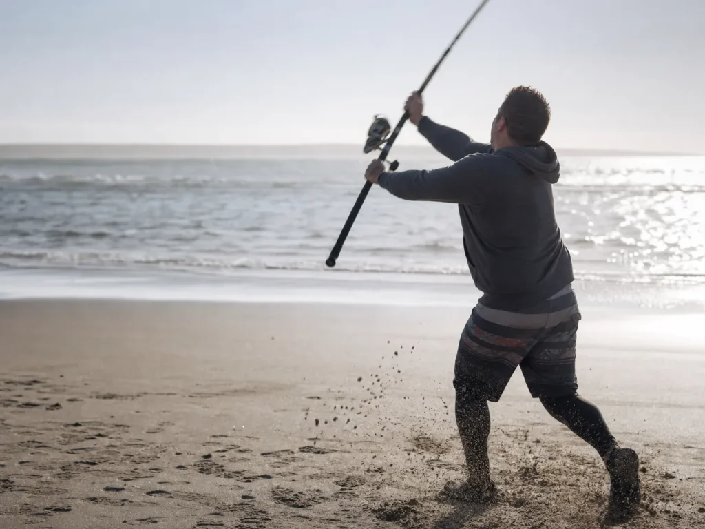 Surf angler mid-cast loading the rod deep on an open beach